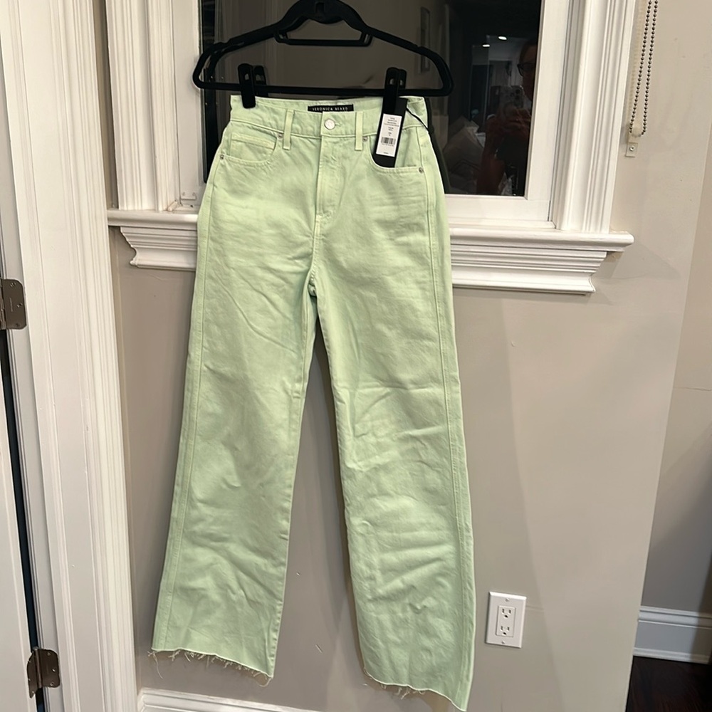 Veronica Beard Taylor Relaxed Wide Leg High Rise Jean Pale Green “Pista”